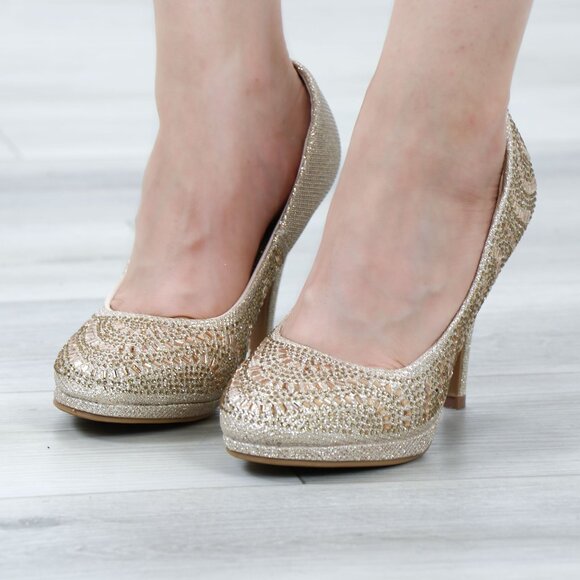 Sparkly Gold Rhinestone Glitter Diamond Platform Slip On Close Toe High Heel - Picture 4 of 15